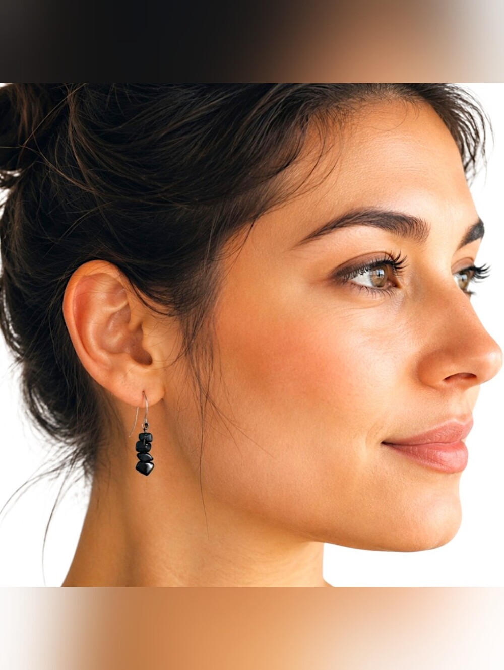 Black Stone Chip Dangle Earrings Mini Pierced Goth Bohemian Silver Tone Dainty